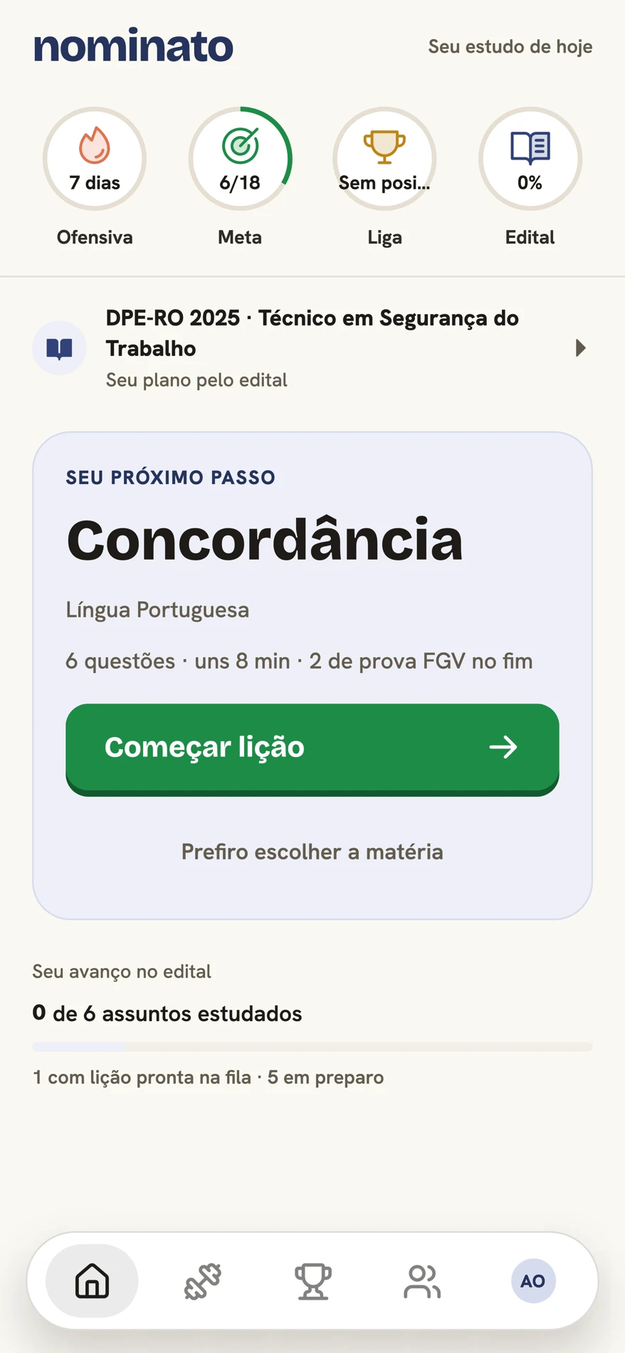 Próxima lição: Concordância, Língua Portuguesa, com botão Começar lição